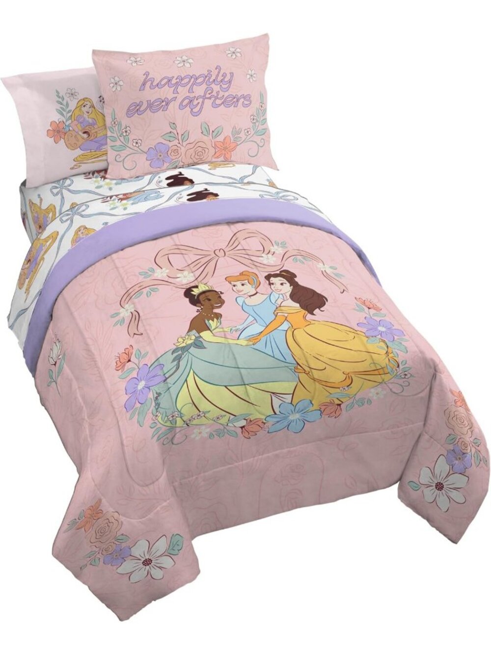 Girls Pink Disney Princess Twin Comforter Set - 5 Piece Kids Bedding Collection
